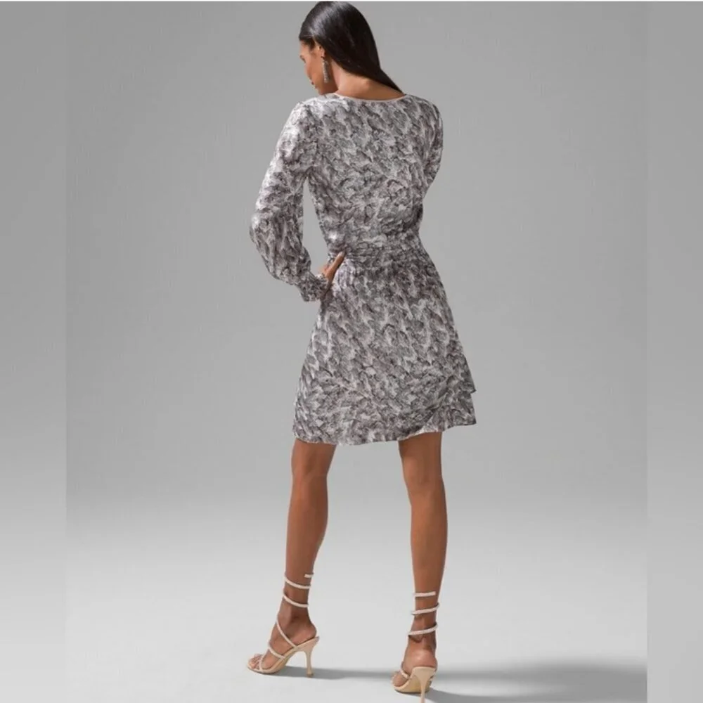 White House Silver Metallic Long Sleeve Petite Smocked Blouson Mini Dress XXS - Picture 3 of 14